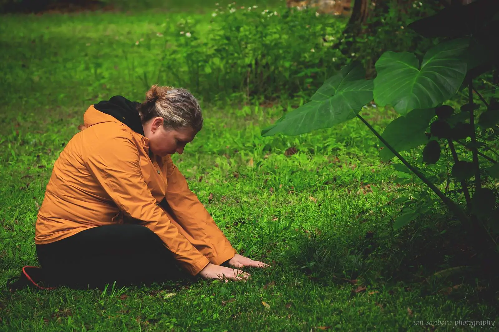 A person in an orange rain jacket sits on the grass with one hand flat on the ground, leaning toward a large heart-shaped leaf.