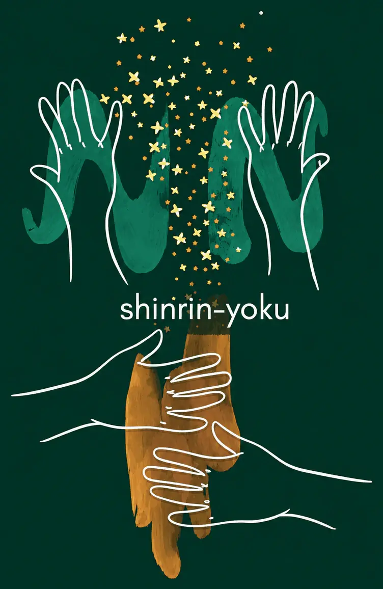 Line illustration on black: four open hands reach upward into a scatter of gold stars, and below them two hands of different skin tones clasp one another. The words shinrin-yoku run across the middle.